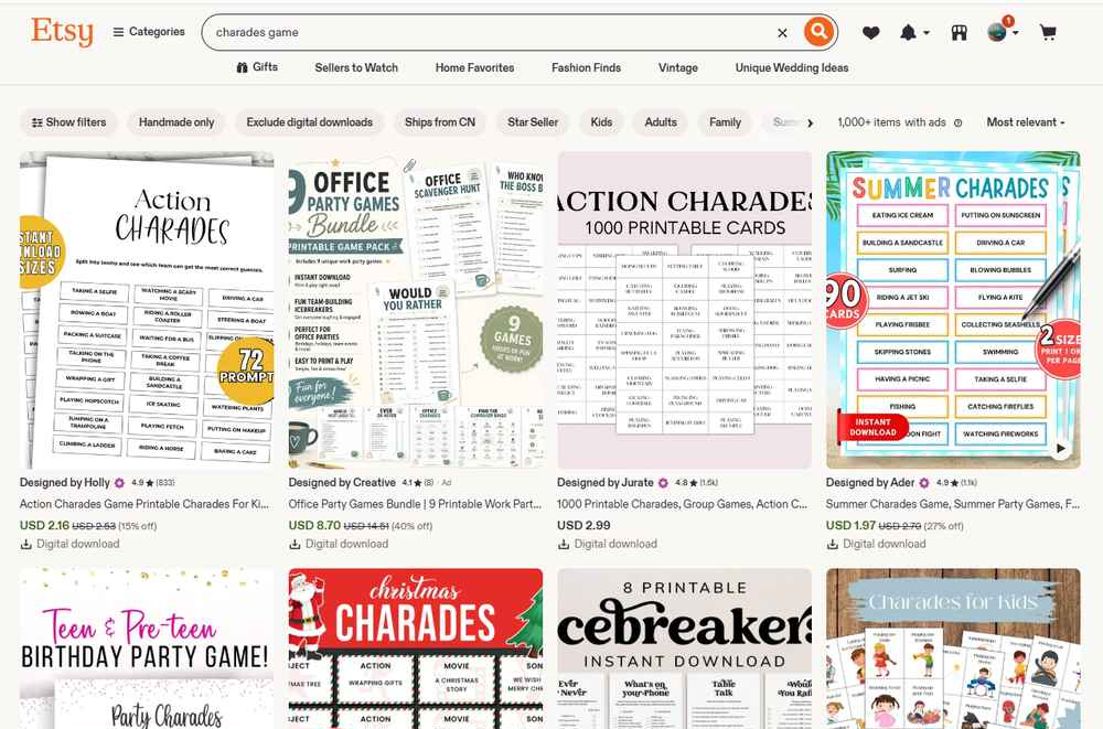 Etsy搜索charades game的结果页,多款可打印你画我猜卡片,价格2到9美元,评价数从几百到上千条