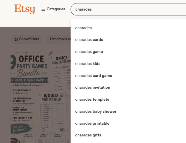 Etsy搜索框输入charades后弹出的下拉联想词,显示charades cards、charades game、charades kids、charades printable等买家真实搜索词