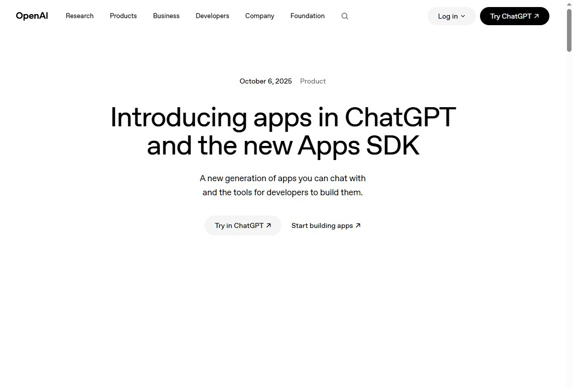 OpenAI官网发布ChatGPT应用和Apps SDK的公告页面,宣布第三方应用可以接入ChatGPT
