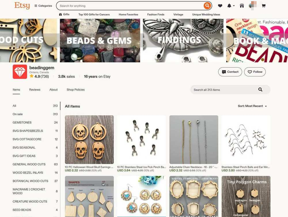 串珠饰品站在Etsy开的同名店铺beadinggem,4.9分736条评价、3.8k销量、16年老店、313件在售