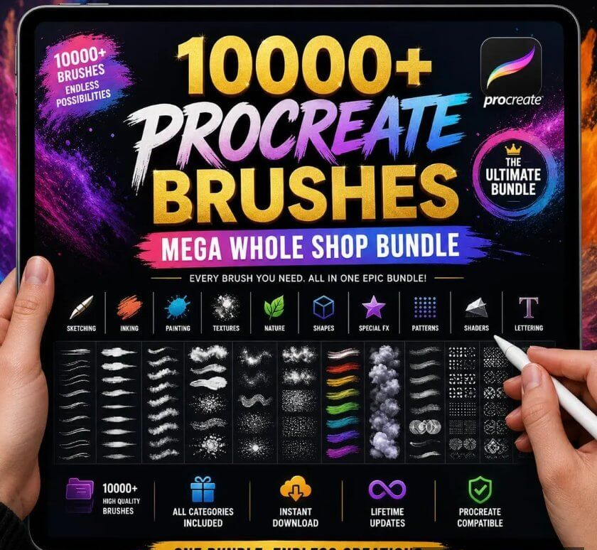 Creative Market上的Procreate笔刷全店合集,一万多支笔刷按素描、勾线、上色、纹理、特效等十个分类打包