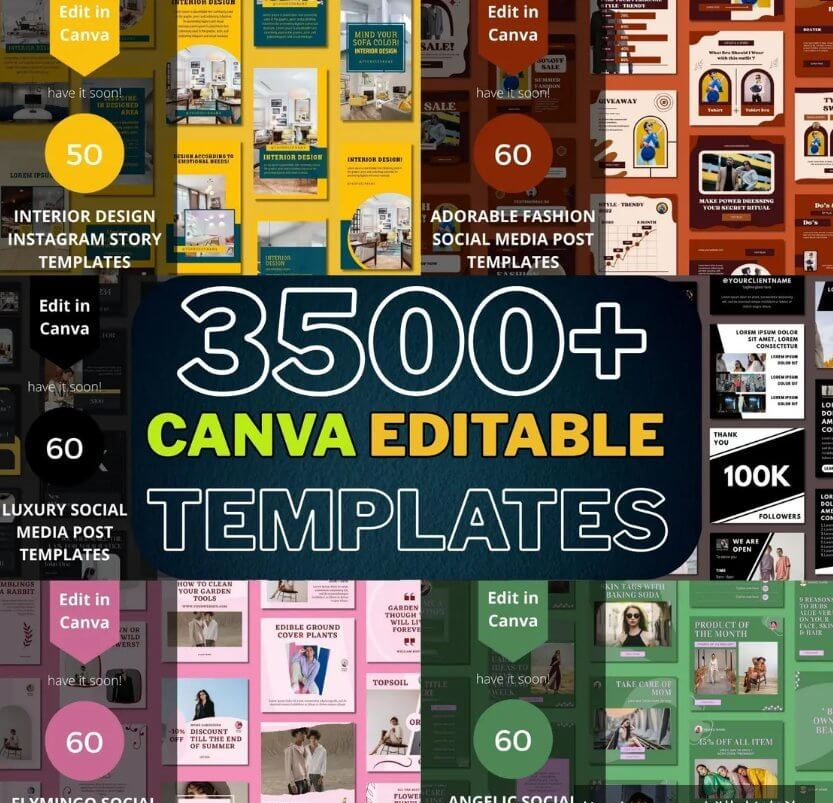 Creative Market上的3500套Canva可编辑模板合集,室内设计、时尚穿搭、美妆等多个子系列打包在一起出售