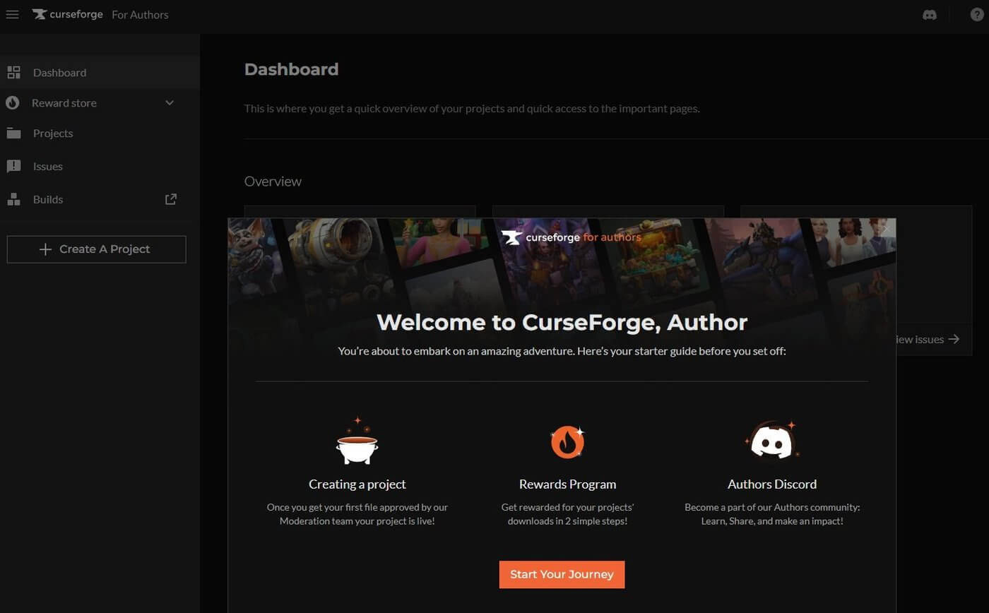 CurseForge作者后台首页,新手引导和创建项目入口