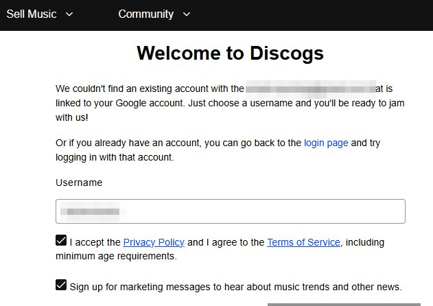 Discogs设置用户名完成注册的页面