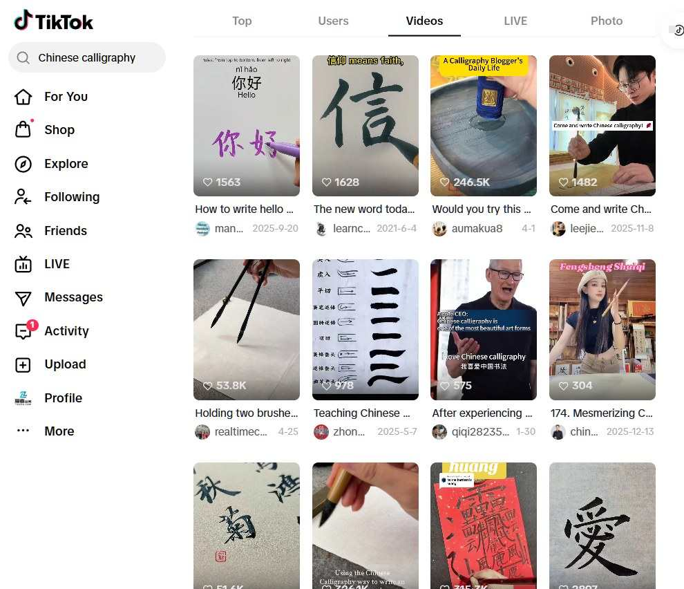 TikTok搜索Chinese calligraphy的视频结果，一条书法日常视频24.6万赞、双笔写字5.3万赞，还有苹果CEO称赞中式书法的剪辑