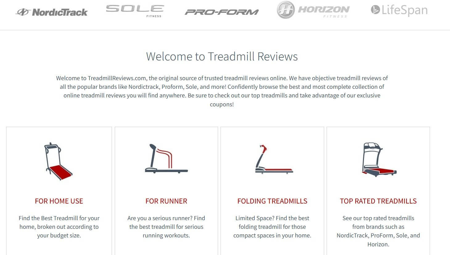 Niche利基站案例TreadmillReviews跑步机测评站首页,顶部排列NordicTrack、Sole、Pro-Form等品牌,下设家用、跑者、折叠、评分最高四个分类入口
