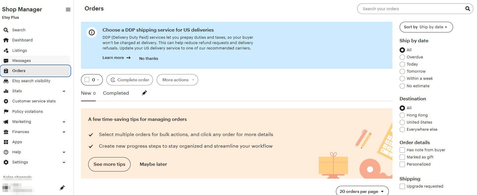 Etsy后台Orders订单管理页面,可以看到订单状态、买家信息和发货操作入口
