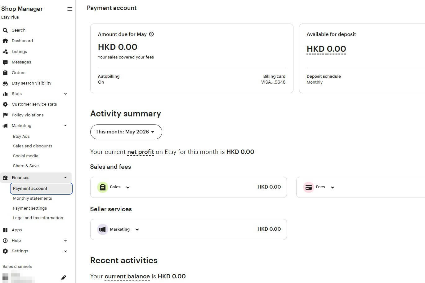 Etsy后台收款账户页面,显示账户余额、待打款金额和结算周期设置