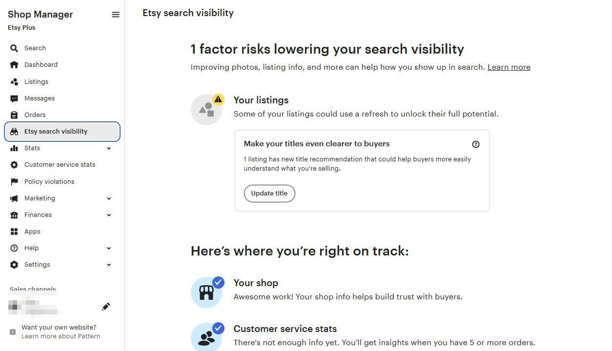 Etsy后台search visibility搜索可见度诊断页面,提示有1项因素在拉低搜索曝光,并给出优化标题的建议