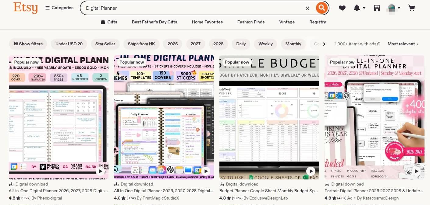 在Etsy搜索Digital Planner的结果页，一屏全是可打印数字规划表，头部店铺显示九万多单销量