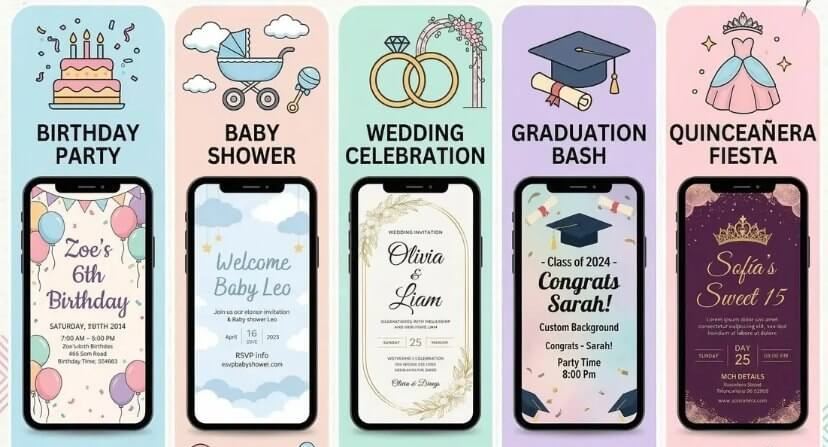 Etsy上的可打印邀请函模板样张，生日、婚礼、毕业典礼各种场合都有对应版式