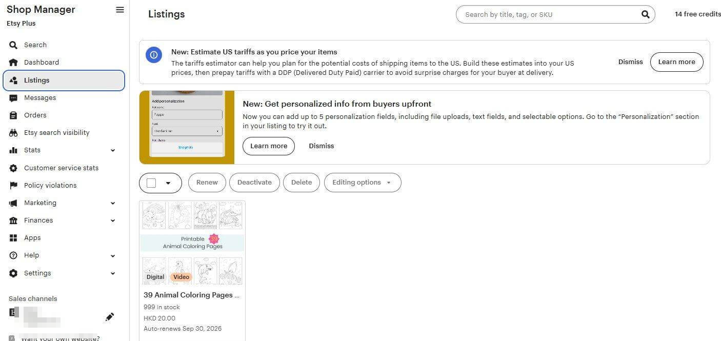 Etsy卖家后台Shop Manager的Listings商品管理页,上架和编辑商品都在这里操作