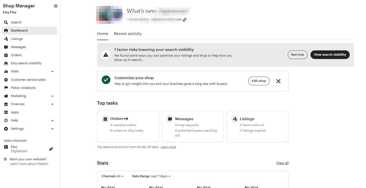 Etsy卖家后台首页Dashboard,顶部提示有1个因素在降低搜索可见度,下方是订单、消息、商品的待办统计