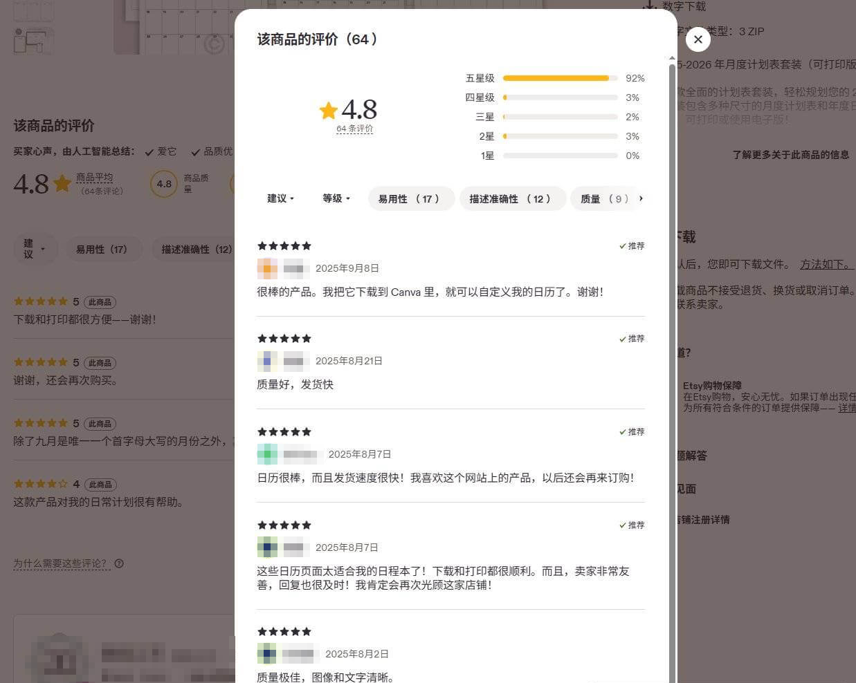 Etsy日历商品的买家评价弹窗,64条评价平均4.8分,五星92%,买家留言提到下载到Canva里自定义、下载和打印都很方便、图像和文字清晰