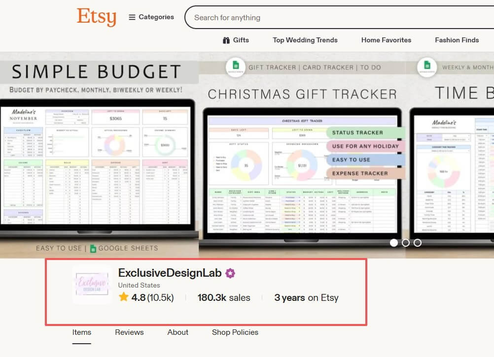 Etsy表格模板店铺ExclusiveDesignLab主页,4.8分1.05万条评价,18.03万销量,开店3年