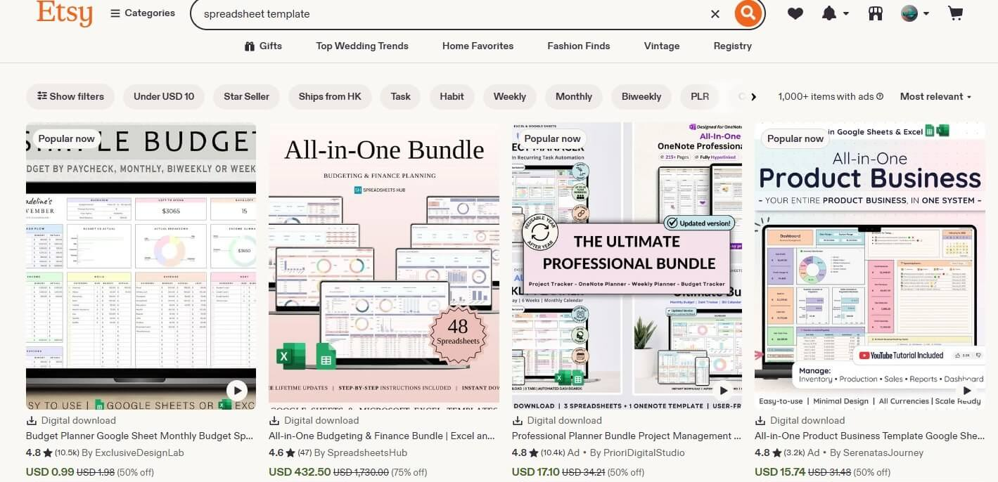 Etsy搜索spreadsheet template的结果页,全是预算表、计划表这类数字下载商品