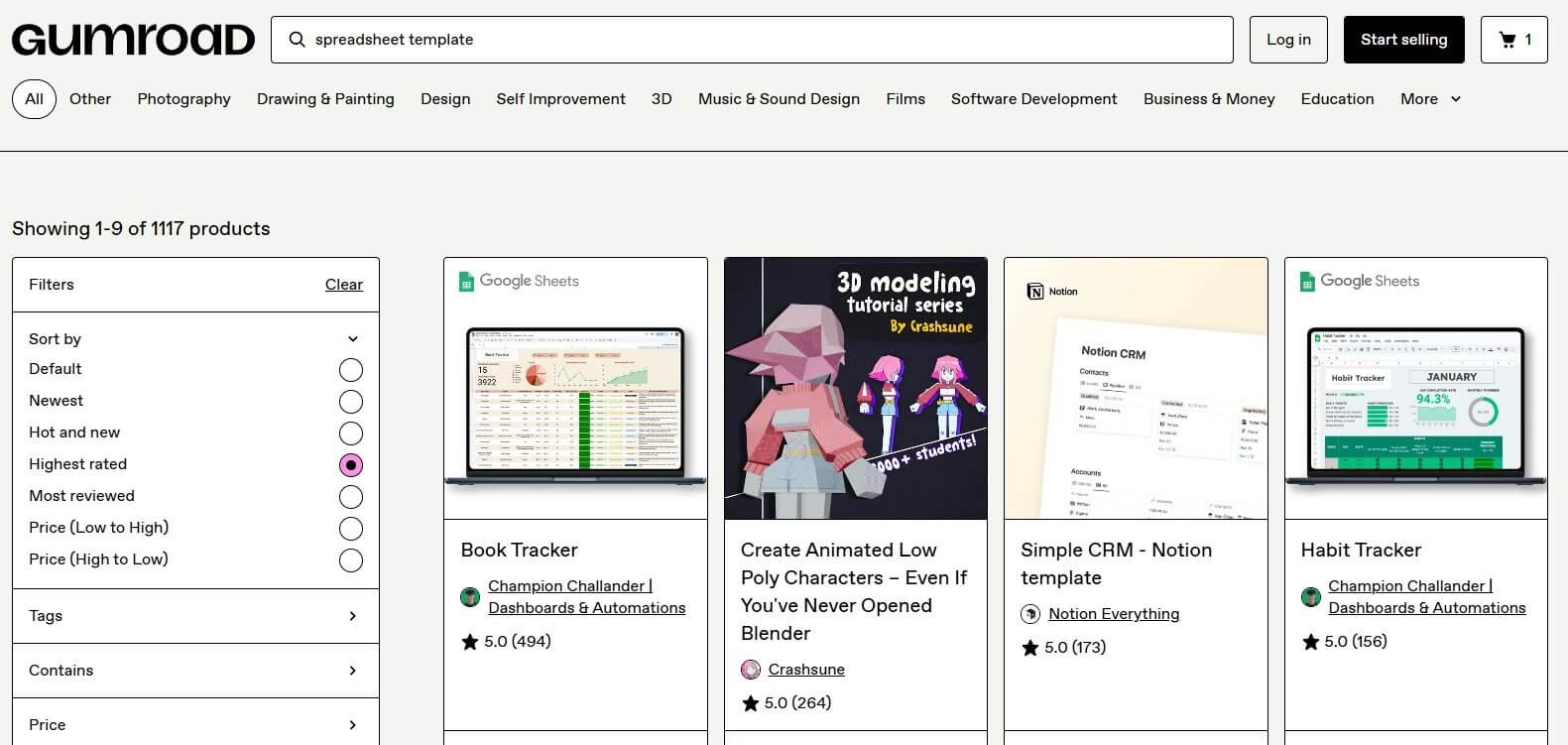 Gumroad搜索spreadsheet template的结果,1117个商品在卖,Google Sheets模板占多数