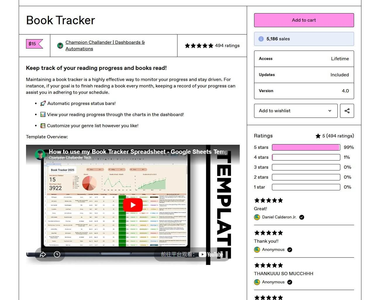 Gumroad上的Book Tracker表格模板详情页,标价15美金,5186 sales,494条评价5.0分,99%五星