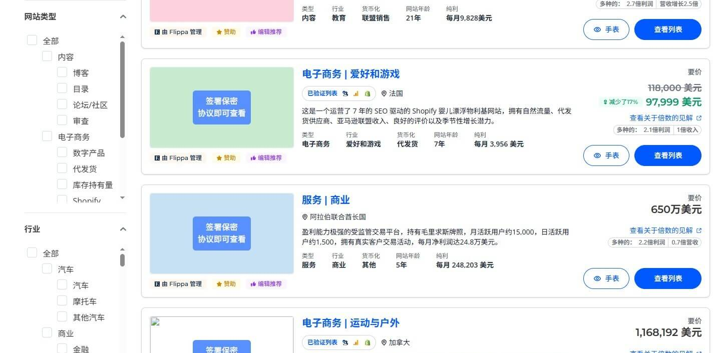 Flippa平台上在售的网站列表,每条都标着类型、月利润和报价,可以按价格区间和行业筛选