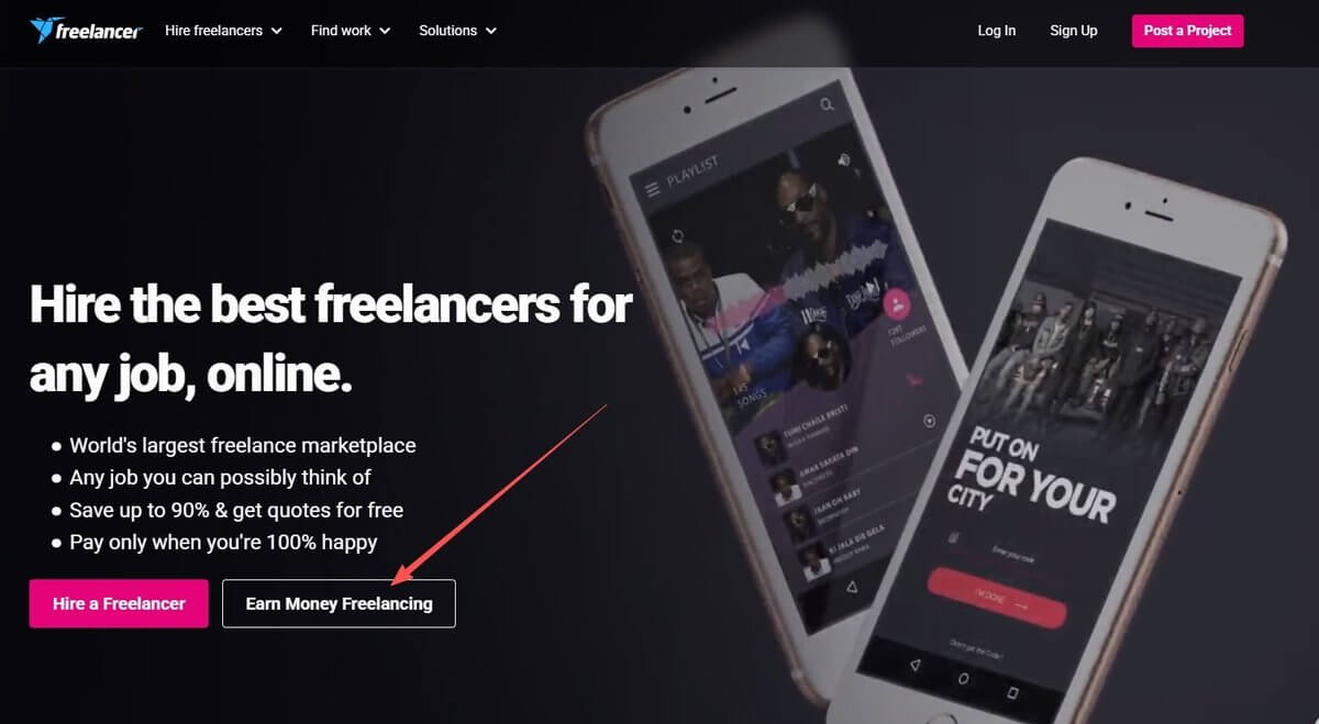 Freelancer官网首页，页面上有接单和发单两个入口，Earn Money Freelancing是接单方向的按钮