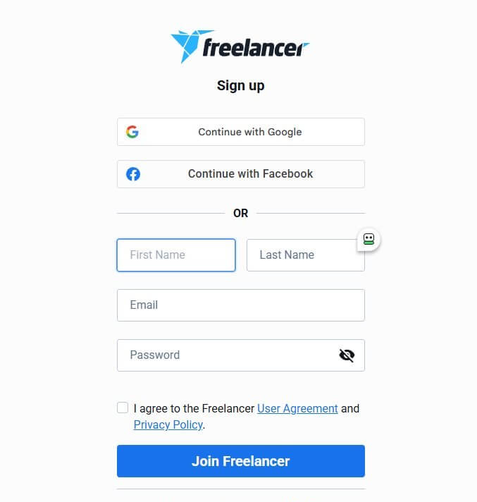 Freelancer注册页面，提供Google、Facebook和邮箱三种注册方式的按钮