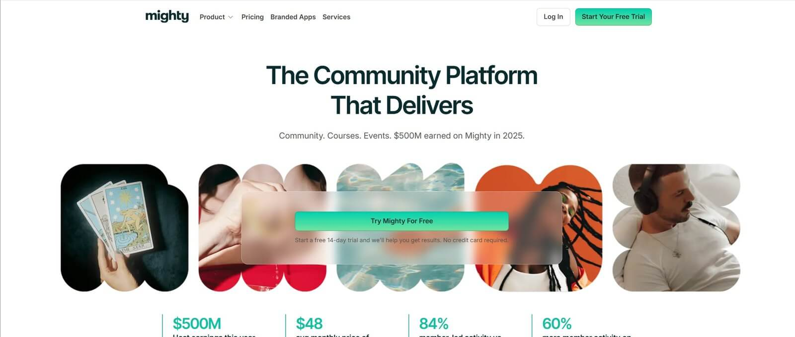 海外付费社群平台Mighty Networks的官网首页,社群、课程、活动、收款做在一起