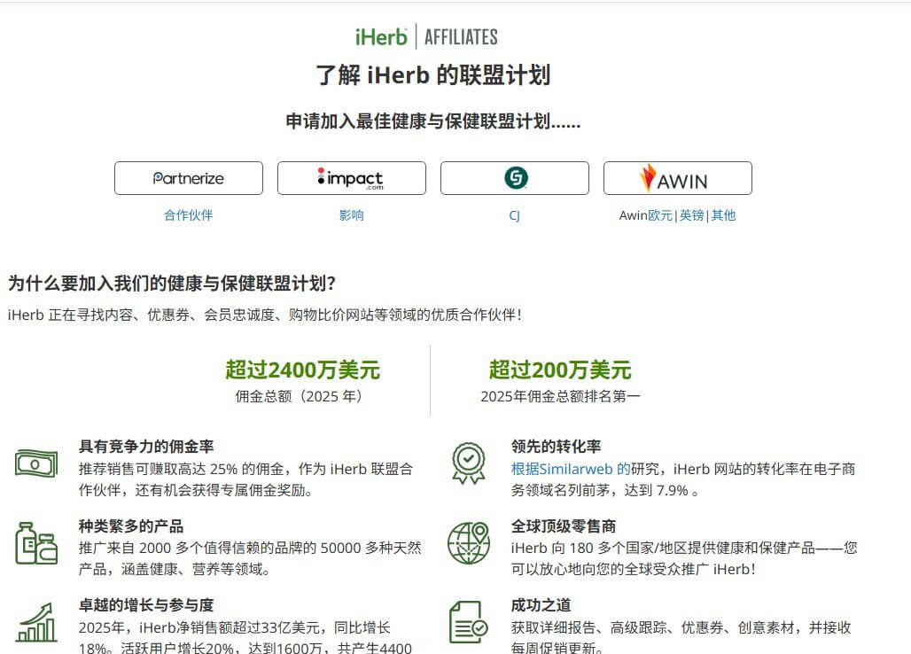 iHerb联盟计划官网页面,显示2025年佣金总额超过2400万美元、第一名超过200万美元,最高25%佣金率、网站转化率7.9%