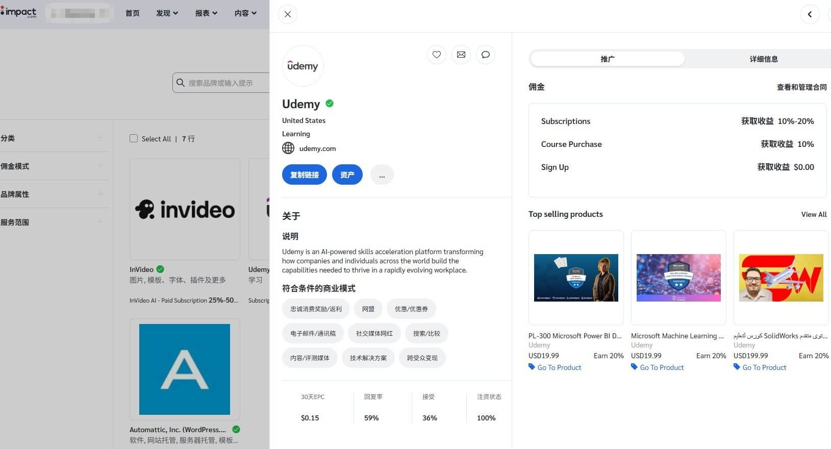 Impact后台Udemy联盟详情页,订阅分成10%-20%、课程购买10%,热销课程19.99美元标注Earn 20%,左下角30天EPC 0.15美元