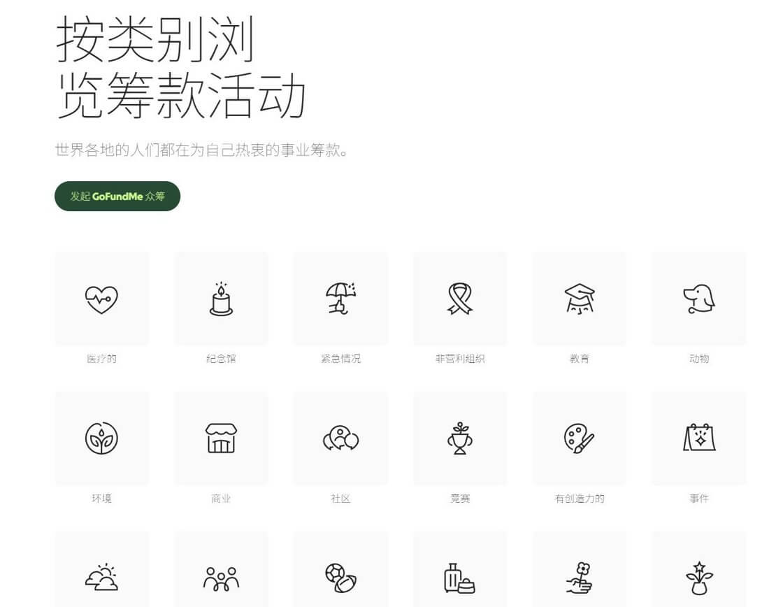 GoFundMe按类别浏览筹款项目的页面,医疗、教育、创业、社区互助都有独立分类