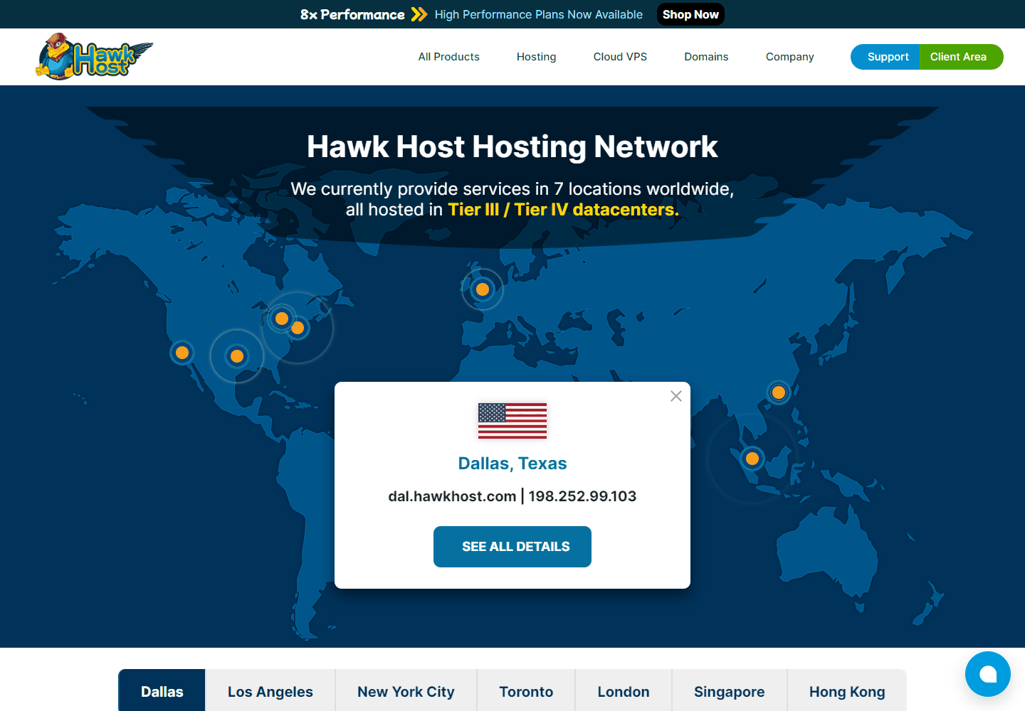 HawkHost 七个机房:洛杉矶、多伦多、达拉斯、纽约、新加坡、香港、伦敦