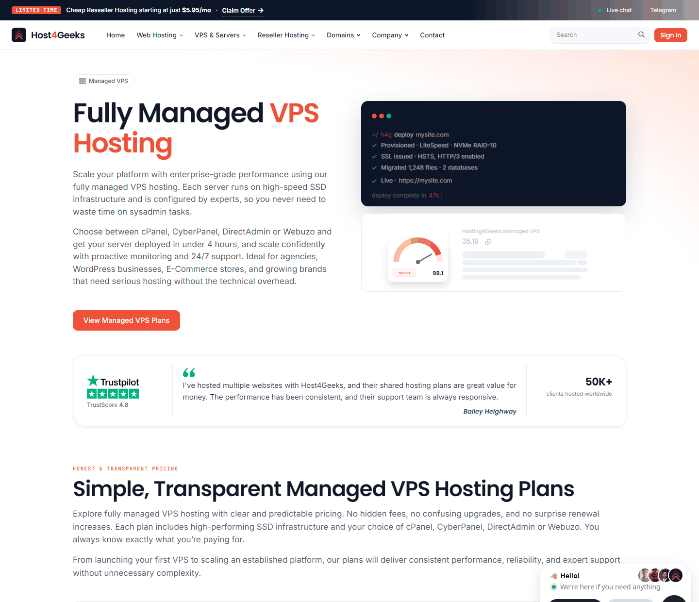 Host4Geeks全托管VPS:4小时内部署,面板可选,Trustpilot 4.8分