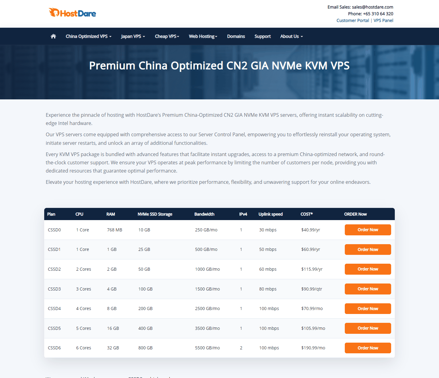HostDare CN2 GIA NVMe VPS七档套餐,注意计价单位有年付季付月付之分