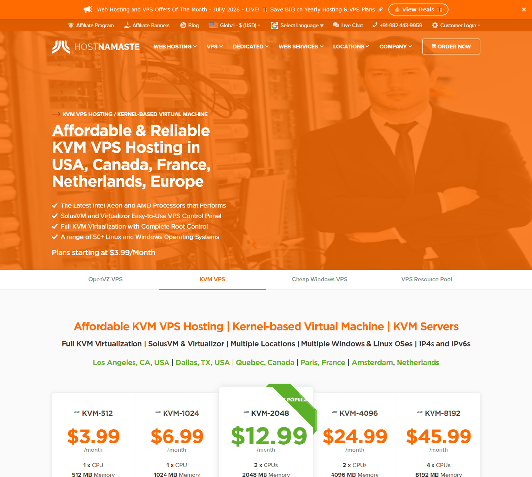 HostNamaste KVM VPS套餐:3.99美元起,五个机房可选