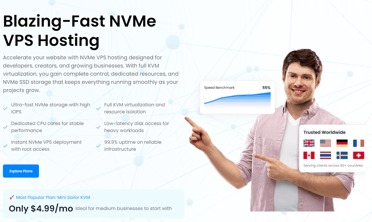 HostSailor特性:高IOPS的NVMe、KVM全虚拟化、专属CPU核心、99.9%在线率