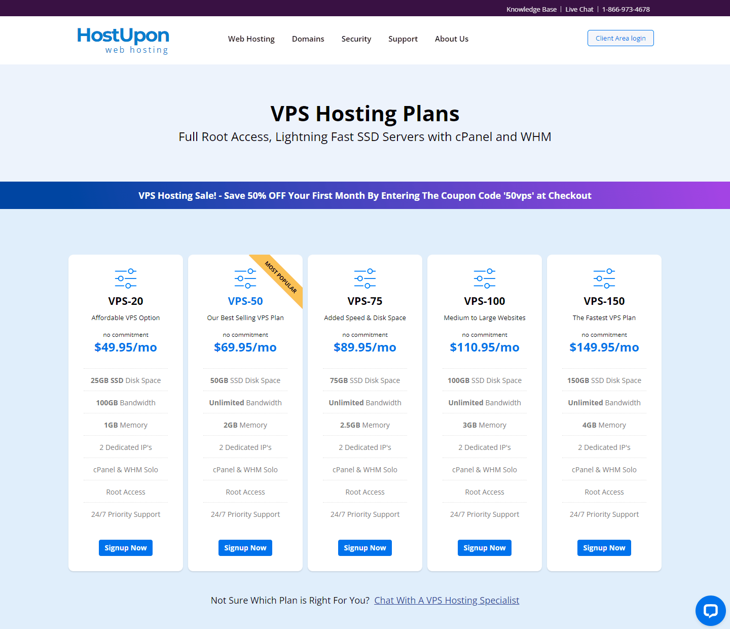 HostUpon VPS 五档套餐配置和价格,含cPanel和WHM授权