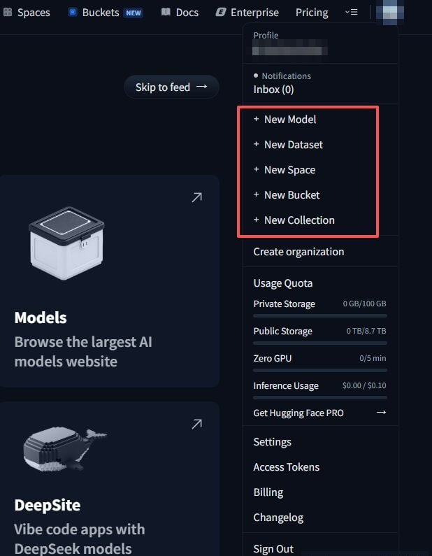 Huggingface登录后的创建入口，New Model、New Dataset、New Space选项，下方显示私有存储100GB和每日免费GPU额度