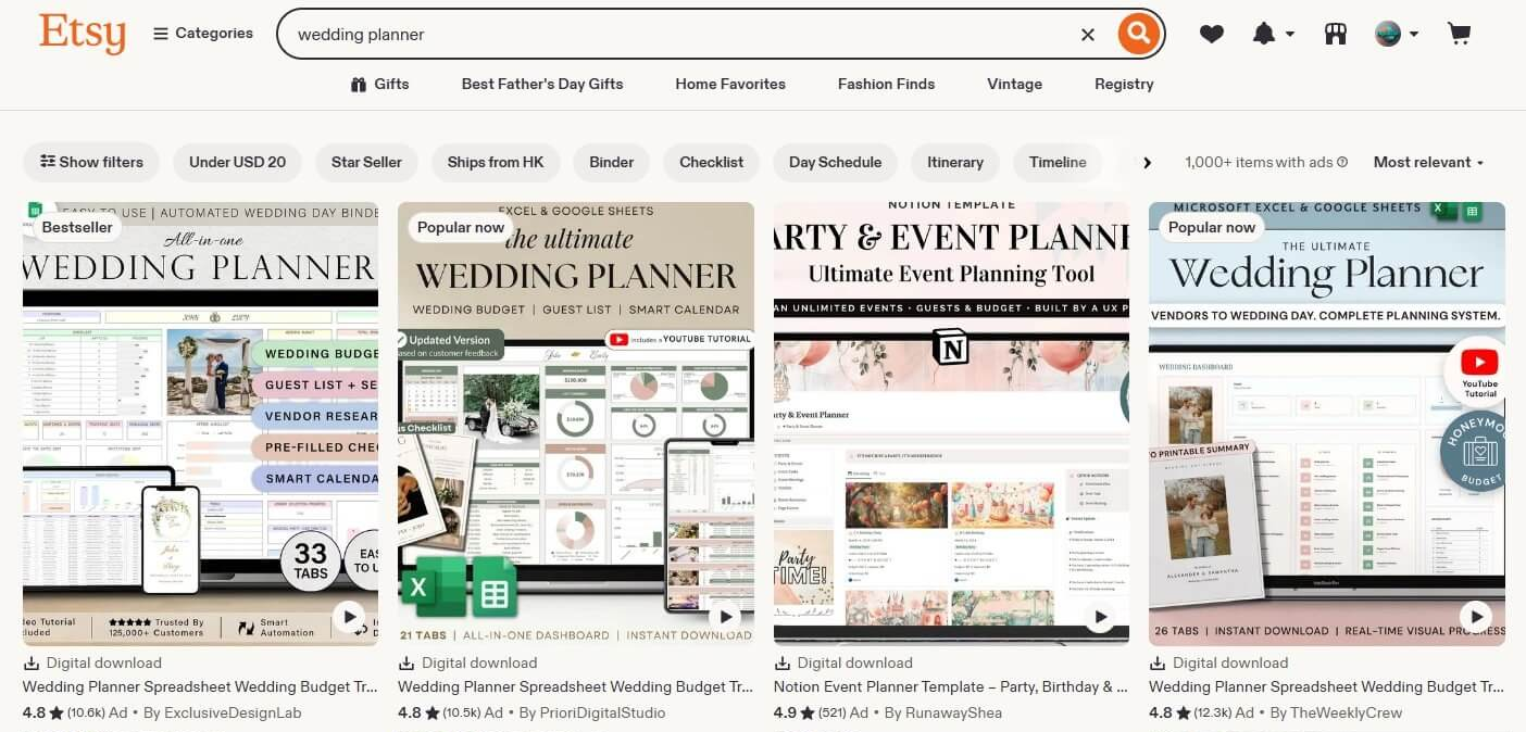 Etsy搜索wedding planner的结果页,前四个商品全是Excel和Google Sheets婚礼筹备表格,标着33 TABS和21 TABS,评分4.8分、评价数超1万条