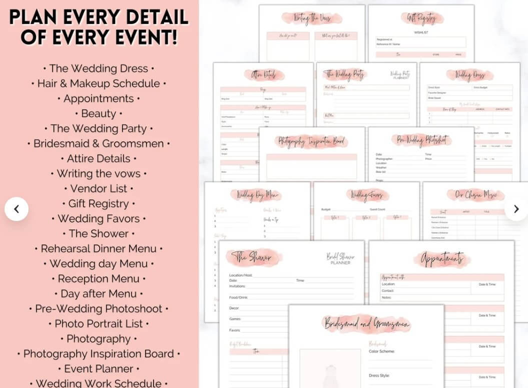 婚礼策划模板内页预览图,左侧列出婚纱、化妆日程、伴娘伴郎、誓词、供应商清单、礼物登记等二十多项,右侧是配套的粉色表格页