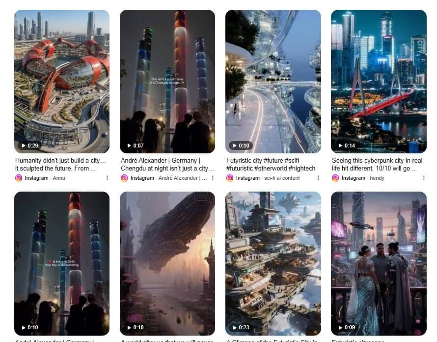 Instagram Reels上的AI生成视频账号,未来城市和科幻场景类内容,单条播放量很高