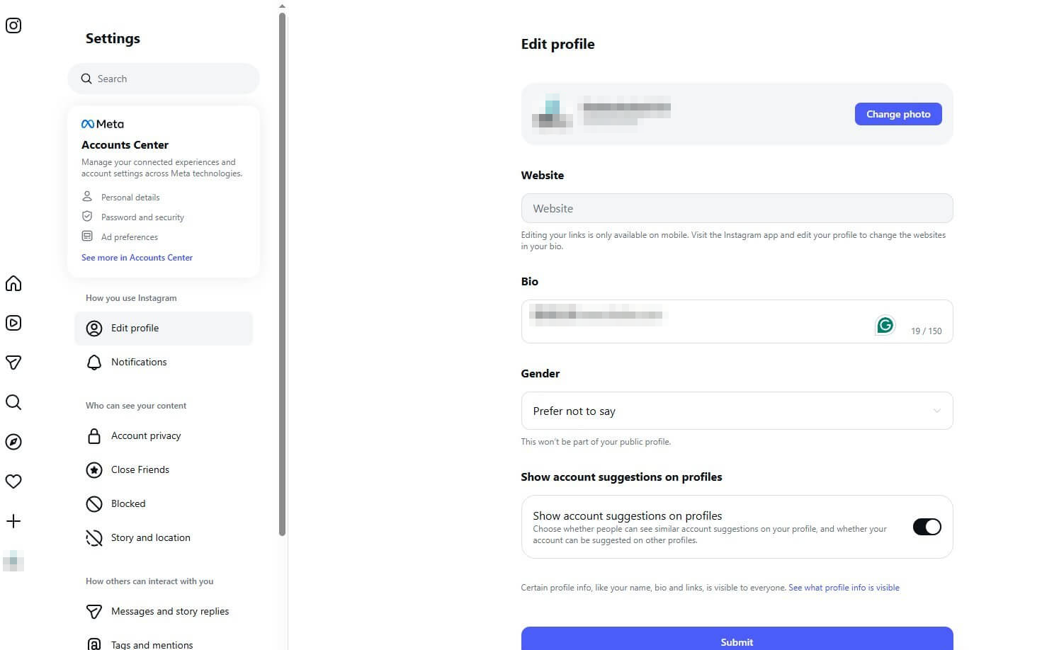 Instagram的Edit Profile资料编辑页,可以修改头像、简介和Website网址
