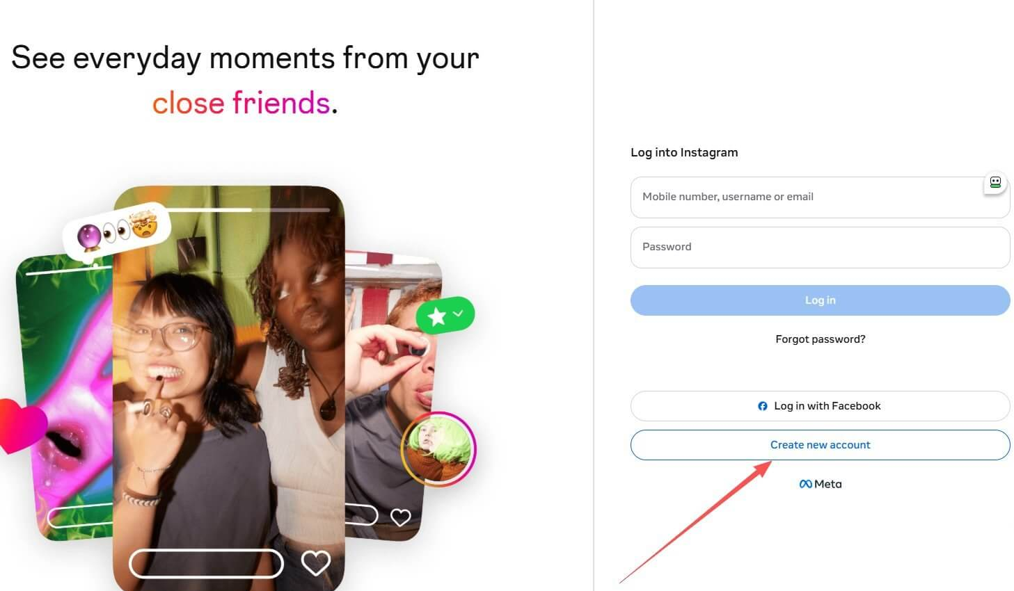 Instagram登录页面最下方的Create new account注册入口,中国大陆手机号也能用邮箱注册