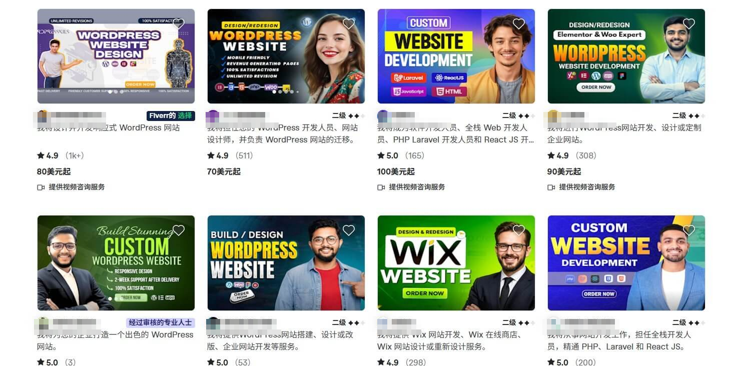 Fiverr上WordPress建站服务的搜索结果页,一屏十几个卖家,报价从80美元到600美元不等,多数带4.9分和上千条评价