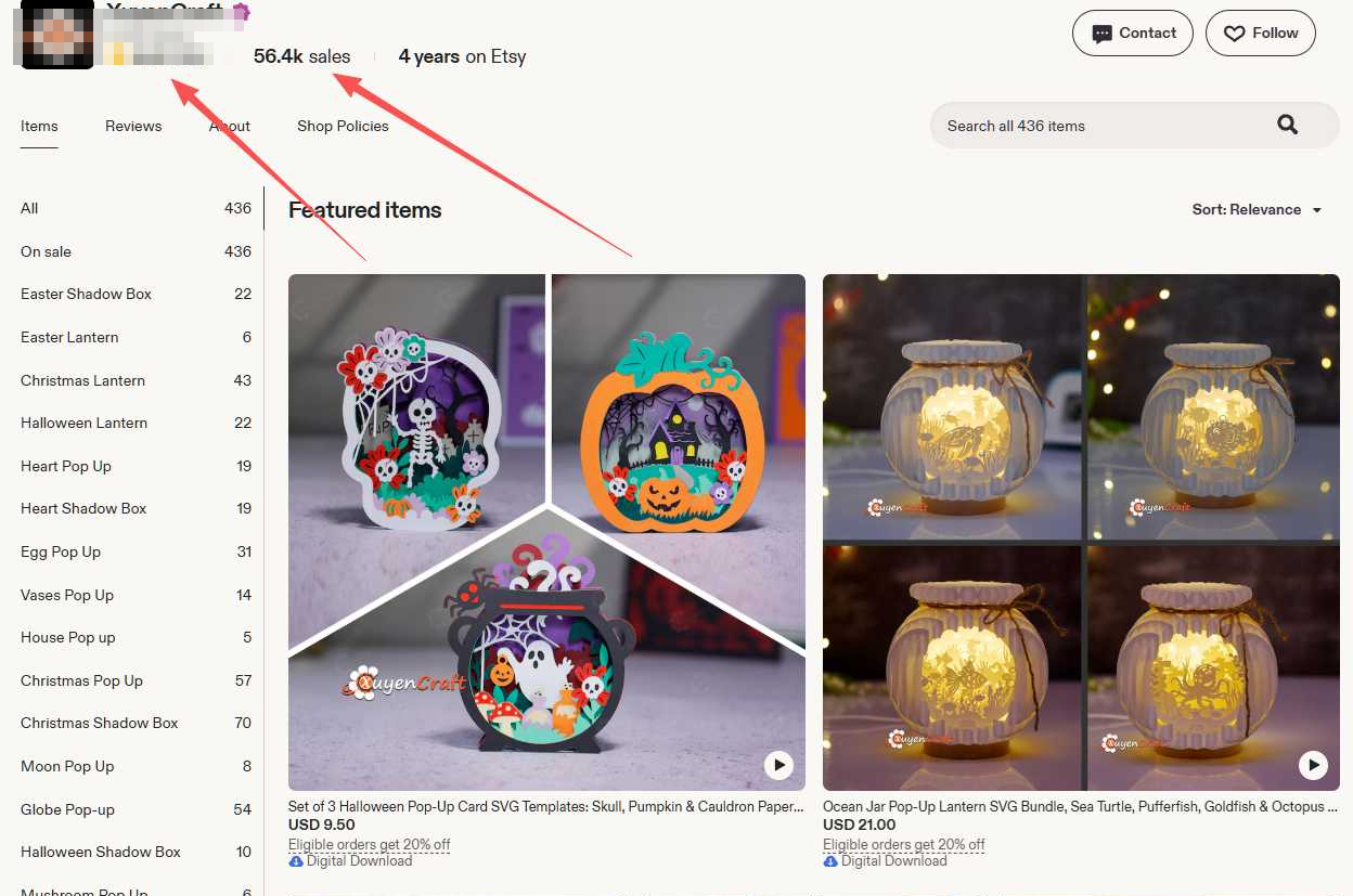 Etsy上一家剪纸模板店铺主页,4年开店436件商品5.64万笔销量,左侧分类有复活节阴影盒、圣诞灯笼、万圣节灯笼、爱心立体卡等,商品9.5美元和21美元均为数字下载