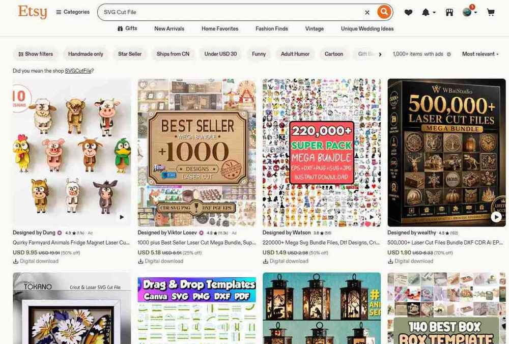 Etsy搜索SVG Cut File的结果页,1000多件商品,其中1000个设计激光切割合集5.18美元、22万素材超级包1.49美元、50万激光切割文件合集1.90美元