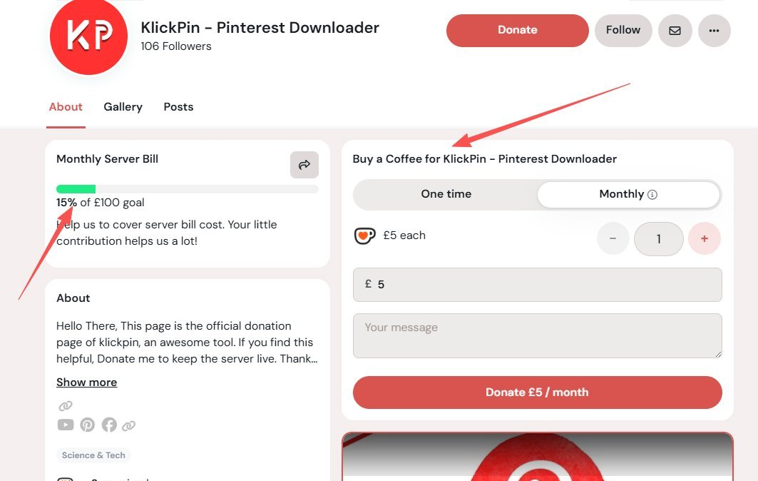 Ko-fi创作者案例：一个Pinterest下载工具的开发者在页面上设了募集目标，用来支付每月服务器费用