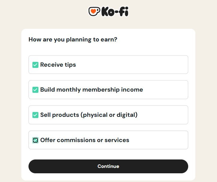 Ko-fi注册时的变现方式选择页：打赏、会员订阅、卖数字产品、接定制委托四项可以全部勾选