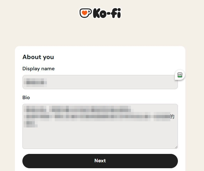 Ko-fi填写个人资料：显示名称和一段Bio自我介绍