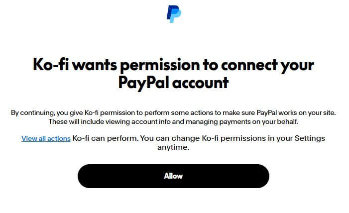 PayPal授权页面：点击Allow允许按钮，把收款权限授予Ko-fi