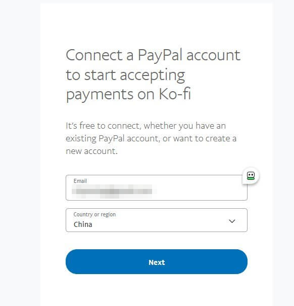 Ko-fi绑定PayPal：填写PayPal注册邮箱，国家地区列表里选China中国