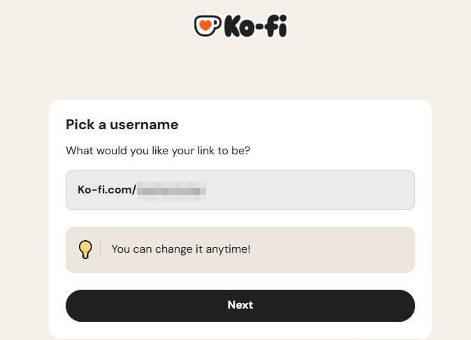 Ko-fi设置用户名的界面，这个用户名会直接变成页面网址ko-fi.com/你的用户名